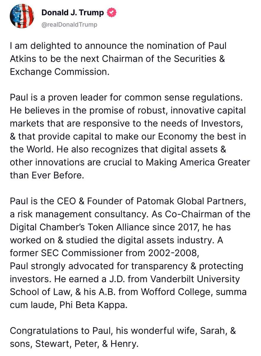 Paul Atkins has been officially nominated to be the next SEC chair, and it's virtually certain he will be confirmed in early 2025.

For years now, I've felt like the bearer of an impossible dream. Like I've been carrying the torch for an idea that, although impossible, would be