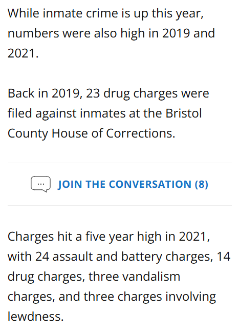 This isn't journalism, it's sheriff propaganda ~ vibes ~

Your own article finds that the five-year high of reported crime within Bristol County HOC was in 2021, years before #NoCostCalls became law. Make them prove the asserted causal link. #mapoli 

cc: <a href="/JessPish/">Jessica Pishko</a> <a href="/BiancaTylek/">Bianca</a>