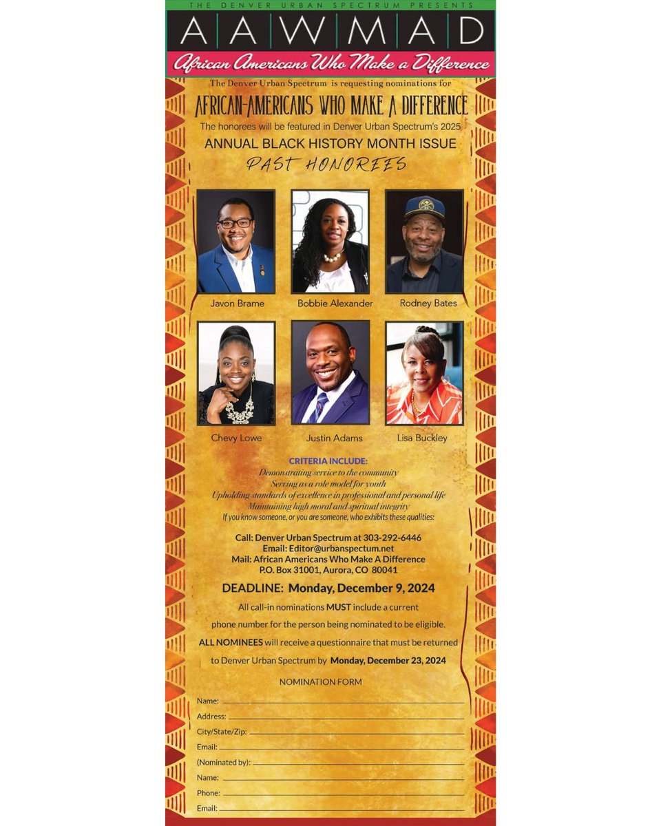 It's time to nominate exceptional individuals for the 2025 African Americans Who Make A Difference. Nominate those remarkable "movers and shakers" in Denver who are significantly impacting the lives of others and the community at large.