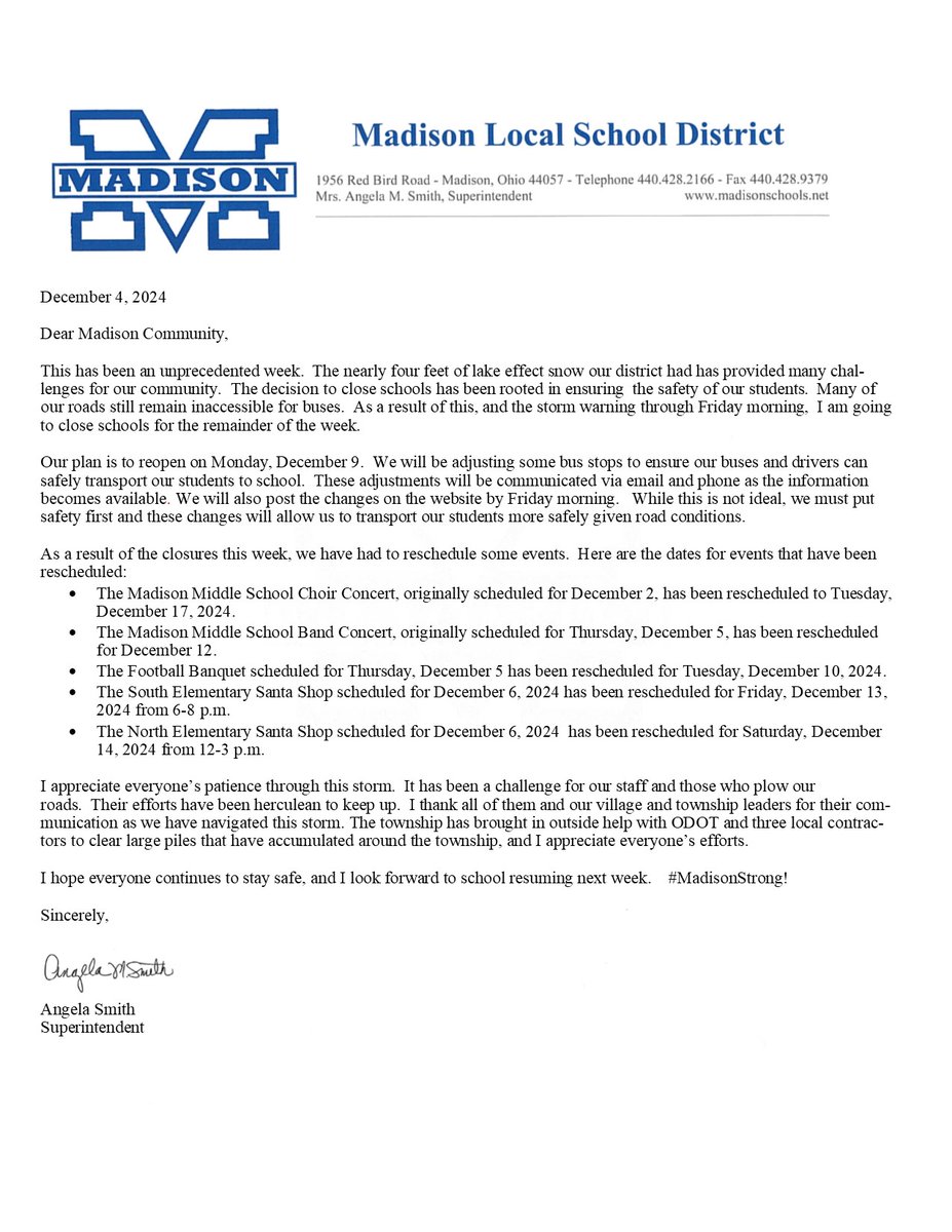 SuperASmith's tweet photo. Due to the approaching winter storm and the many roads that are inaccessible in parts of our district,  Madison Local Schools will be closed Thursday, December 5, 2024 and Friday, December 6, 2024. Please read the community update for more detailed information. #WeAreMadisonBlue https://t.co/uV5M87bYJQ