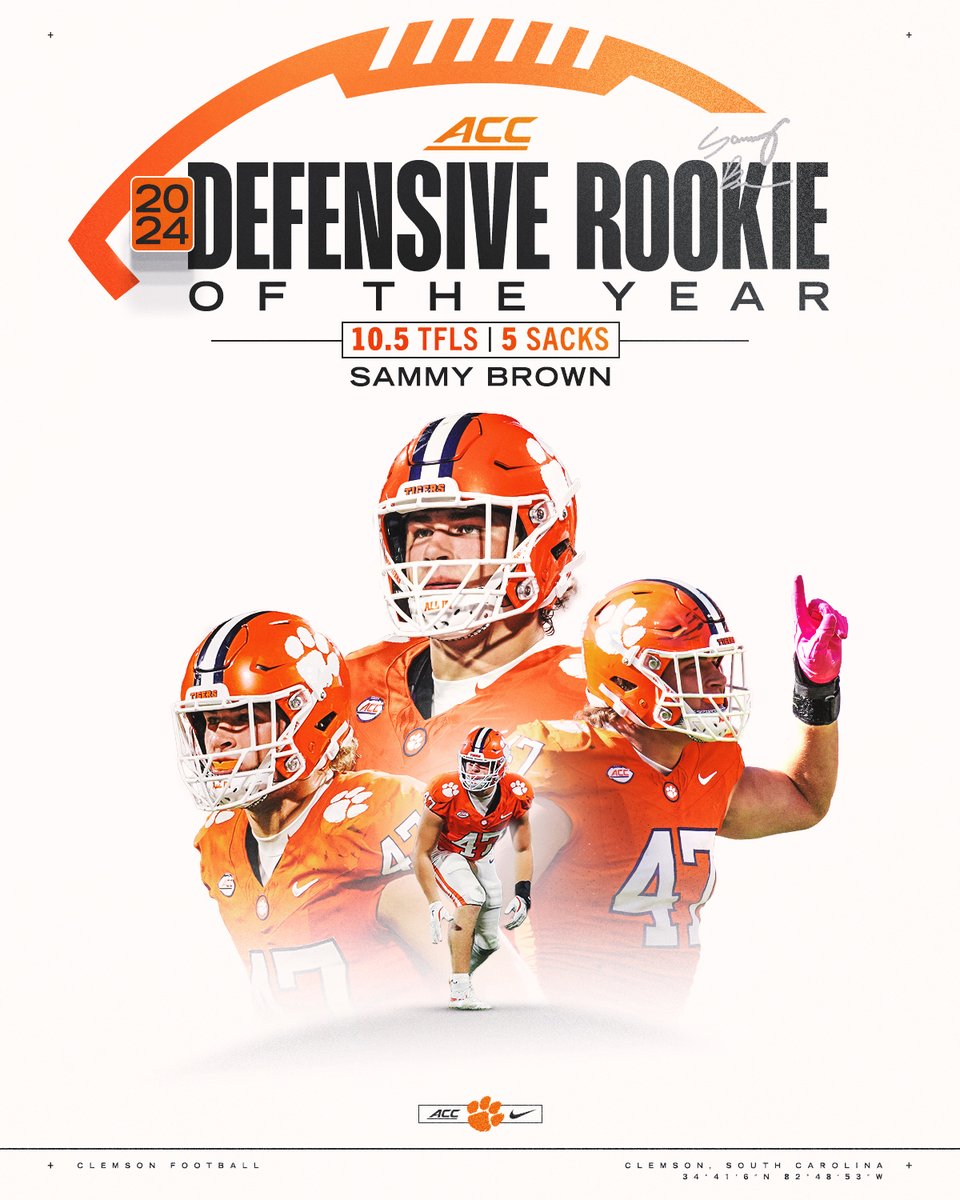 Clemson Football (@clemsonfb) on Twitter photo For the conference-record fourth time since the award’s inception in 2007, the ACC Defensive Rookie of the Year is a Clemson Tiger.
<a href="/sammybrown_/">sammy brown 🪐</a>
📰: clemsontigers.com/brown-named-ac… For the conference-record fourth time since the award’s inception in 2007, the ACC Defensive Rookie of the Year is a Clemson Tiger.
<a href="/sammybrown_/">sammy brown 🪐</a>
📰: clemsontigers.com/brown-named-ac…