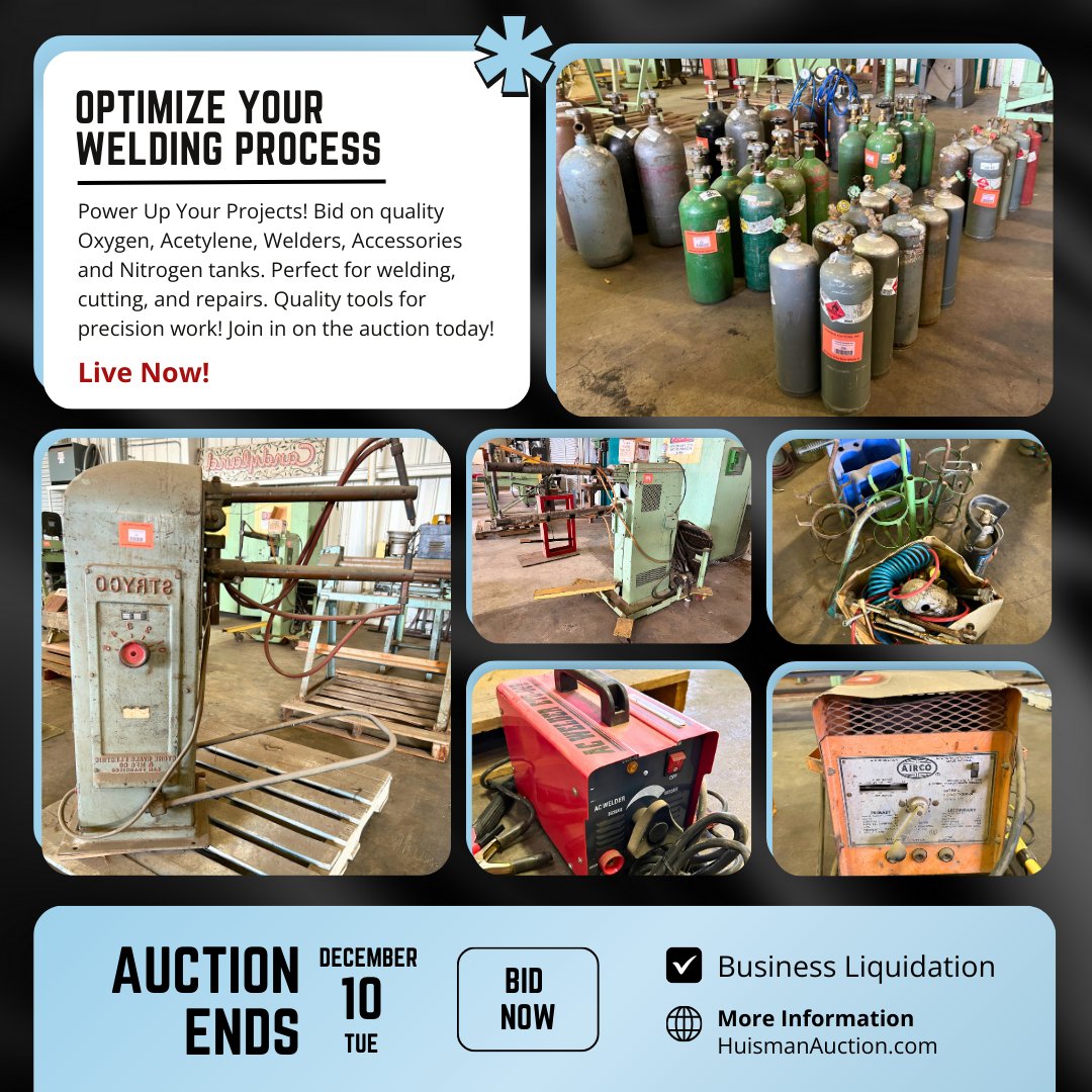huismanauction's tweet image. 💥 Dive into our Business Liquidation Auction featuring top-quality welding essentials, including oxygen/acetylene tanks, nitrogen tanks, welders, and accessories. 🧑🏭 

✨ Visit HuismanAuction.com to place your bids.

#BusinessLiquidation #WeldingGear #WeldingEquipment