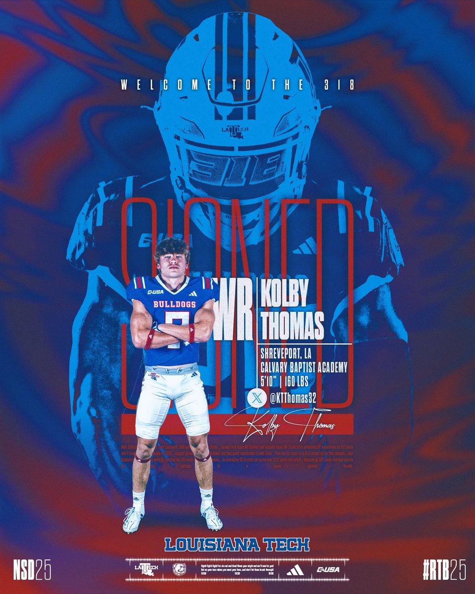 Signed ✍️

Welcome to the 318, Kolby Thomas!

A State Champion WR from right down I-20 in Shreveport 

➡️ <a href="/KTThomas32/">Kolby Thomas</a>

#NSD25 | #RTB25