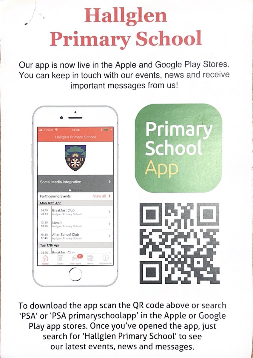 To keep up to date with latest events, news and messages. 

Please download the Primary School App and search for ‘Hallglen Primary School’☺️
