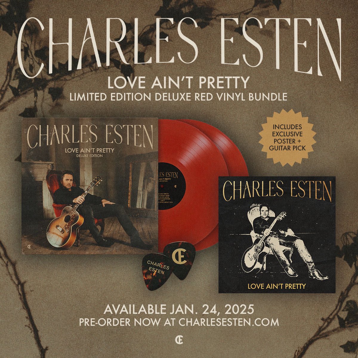 CharlesEsten's tweet photo. In celebration of ONE YEAR of my debut album Love Ain’t Pretty, we’re thrilled to be dropping it on vinyl! This deluxe double vinyl features collaborations with @saraevansmusic and @kebmomusic, as well as a live track with NASHVILLE cast mates @SamPalladio, @clarembee, and @JonathanJackson. Plus, never-before-heard worktapes and demos from the creation of Love Ain’t Pretty!

We are also proud to be offering 200 limited editions pressed in beautiful “velvet chair” red vinyl! These exclusive collectibles will be autographed and hand numbered, and will include a poster and a guitar pick.  Again, these are very limited and won’t last long, so pre-order yours now at https://t.co/FF99kVrhht! 💿🎉