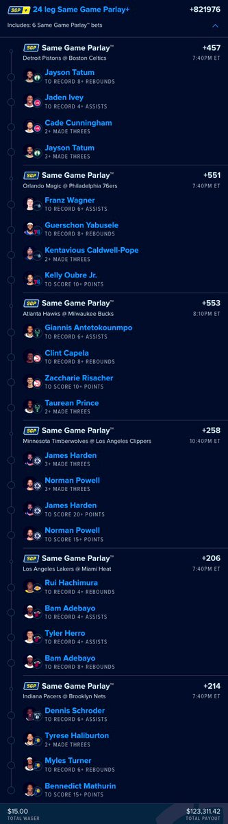 bbrownDTP's tweet image. 🚨NBA $123K MEGA LAY (24-Leg/+821976)
⬇️Click show more for link bellow⬇️
$15 —> $123,311.42 🤯
📊Data provided by @hofbets use the Parlay Optimizer today and create your own lays. Sign up link and promo code below ⬇️
Use code BB50 for 50% off your first month:…