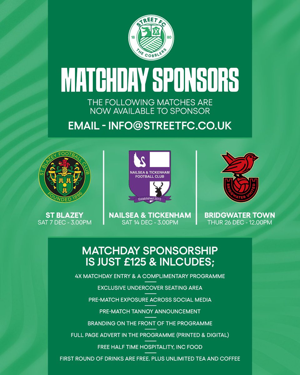 fcstreet's tweet image. Some big home games coming up in December If you’ve ever considered a match sponsorship now might be the time to do it! Hospitality is included and with nearly 10,000 followers across all our socials, the exposure is great. Get in touch today, email info@streetfc.co.uk