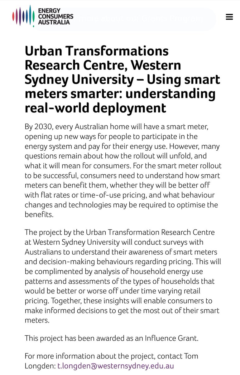 Thomas Longden (@thomaslongden3) on Twitter photo Great to be able to share the news from <a href="/energyvoiceau/">Energy Consumers Australia</a> that we've secured funding for a project - Using smart meters smarter: understanding real-world deployment
We'll assess who may be worse/better off under time varying pricing
<a href="/westernsydneyu/">Western Sydney University</a> <a href="/WestSydResearch/">Western Research</a> <a href="/westsydunews/">Western News</a> Great to be able to share the news from <a href="/energyvoiceau/">Energy Consumers Australia</a> that we've secured funding for a project - Using smart meters smarter: understanding real-world deployment
We'll assess who may be worse/better off under time varying pricing
<a href="/westernsydneyu/">Western Sydney University</a> <a href="/WestSydResearch/">Western Research</a> <a href="/westsydunews/">Western News</a>