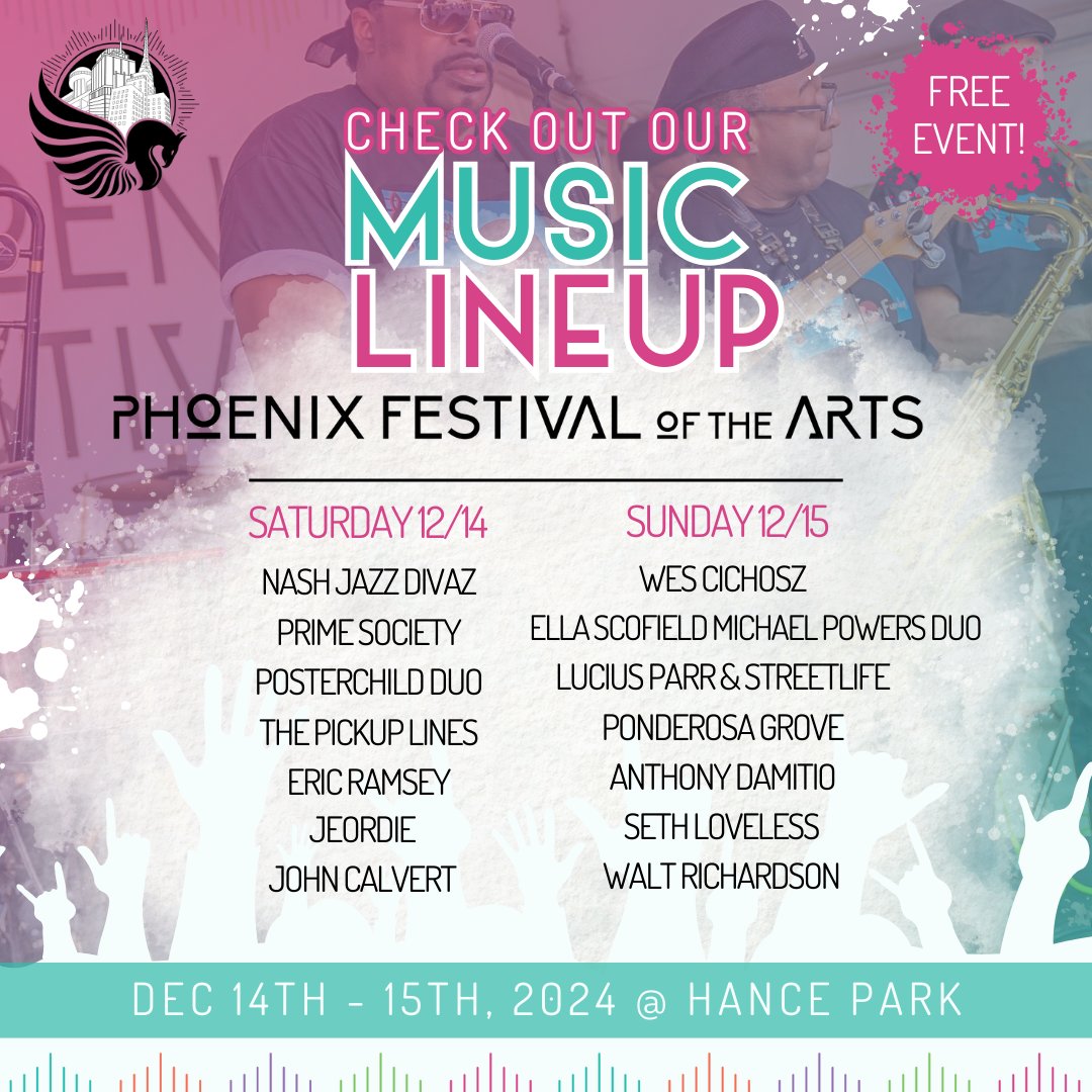 PhxCenterArts's tweet photo. 🚨 The Phoenix Festival of the Arts music lineup is HERE! 🚨

🎶2 days, 2 stages, &amp; amazing local talent! Join us December 14-15 at Margaret Hance Park for this FREE celebration of art &amp; music 🥳

#PhoenixFestivalOfTheArts https://t.co/tfBsuwxCBA