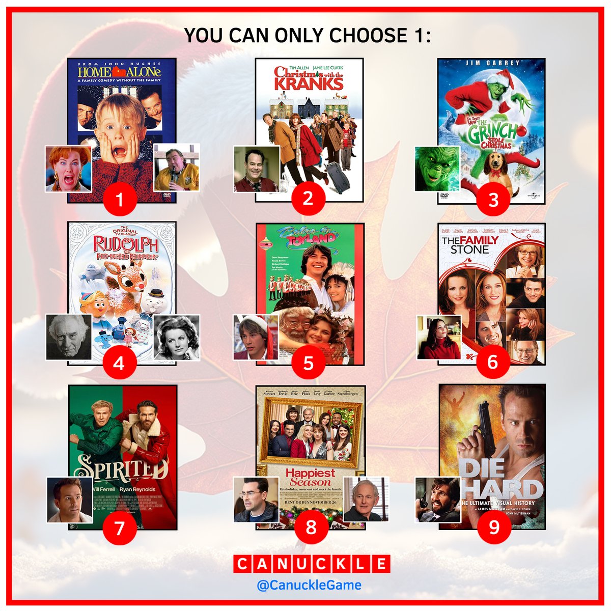 CanuckleGame's tweet image. Favourite Christmas movie starring a Canadian actor...which one are you choosing? 🍁🎄🎥