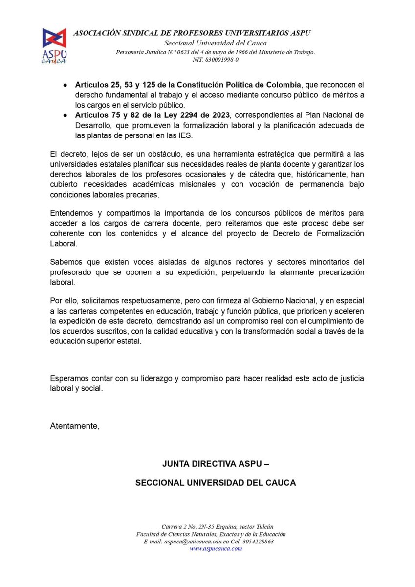 ASPU Colombia (@aspu_colombia) on Twitter photo #URGENTE || La seccional ASPU Cauca solicita al Gobierno Nacional, con sentido de urgencia, la expedición inmediata del Decreto de #Formalización laboral.
<a href="/petrogustavo/">Gustavo Petro</a> <a href="/Mineducacion/">MinEducación</a> <a href="/MintrabajoCol/">MinTrabajo</a> #URGENTE || La seccional ASPU Cauca solicita al Gobierno Nacional, con sentido de urgencia, la expedición inmediata del Decreto de #Formalización laboral.
<a href="/petrogustavo/">Gustavo Petro</a> <a href="/Mineducacion/">MinEducación</a> <a href="/MintrabajoCol/">MinTrabajo</a>