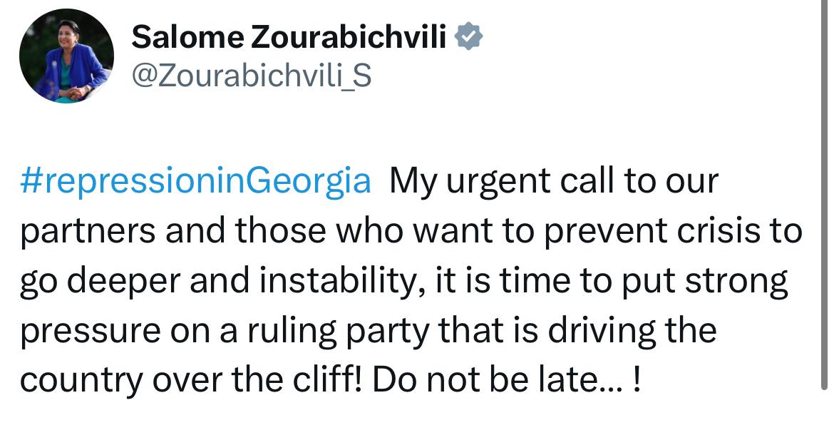 Gianl1974's tweet image. 🇬🇪 Presidente della Georgia Salome Zurabishvili :

“ #repressioninGeorgia Il mio appello urgente ai nostri partner e a coloro che vogliono evitare che la crisi e l&apos;instabilità si approfondiscano: è tempo di esercitare una forte pressione sul partito al governo che sta portando il…