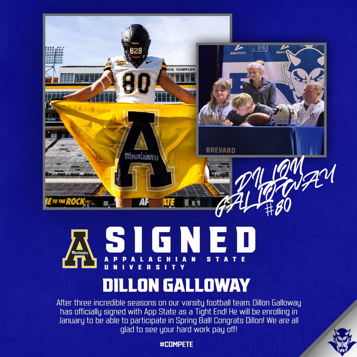 Signed!! Dillon Galloway (<a href="/DillonGall80/">Dillon Galloway</a>) has officially signed his National Letter of Intent to <a href="/AppState_FB/">App State Football</a>! Congratulations Dillon! We are excited to see you compete at the next level!