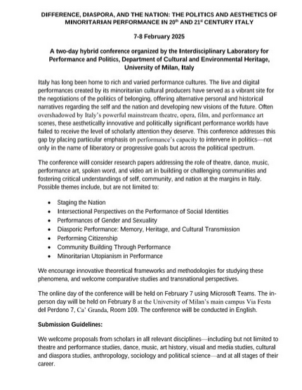 bil_akar's tweet photo. Here our call for papers!
The conference: Difference, Diaspora, and the Nation: The Politics and Aesthetics of Minoritarian Performance in 20th and 21st Century Italy 
7-8 February 2025 
Org. by the Interdisciplinary Laboratory for Performance and Politics, University of Milan https://t.co/dJdPdIGUel