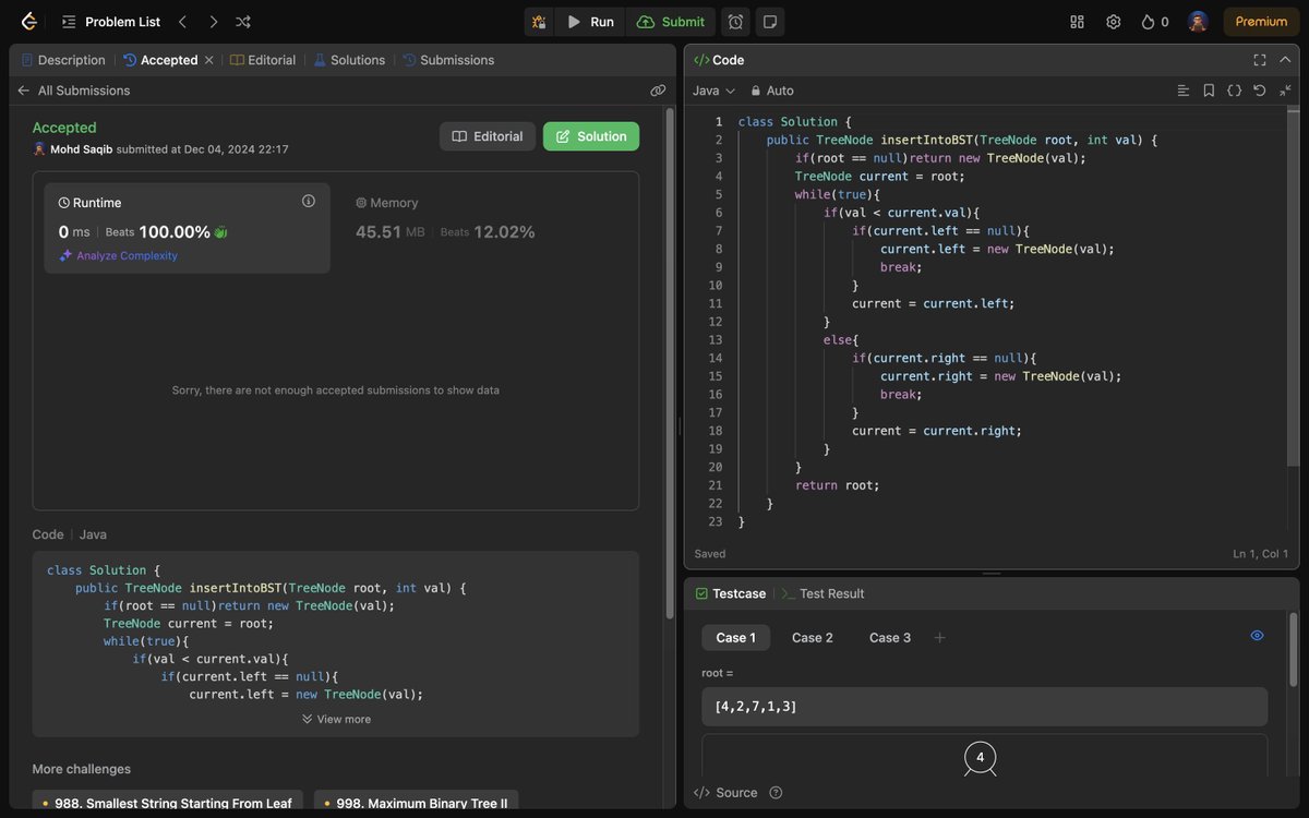 Mohd_Saqib_'s tweet image. ๐ Day 136 of #180DaysOfCoding ๐
โ
701. Insert into a Binary Search Tree (Revised)
Today, I revisited the concept of inserting a node into a Binary Search Tree (BST) ๐ณ.
#BinarySearchTree #BST #DataStructures #Algorithms #Java #LeetCode #100DaysOfCode #DSA #letsconnect