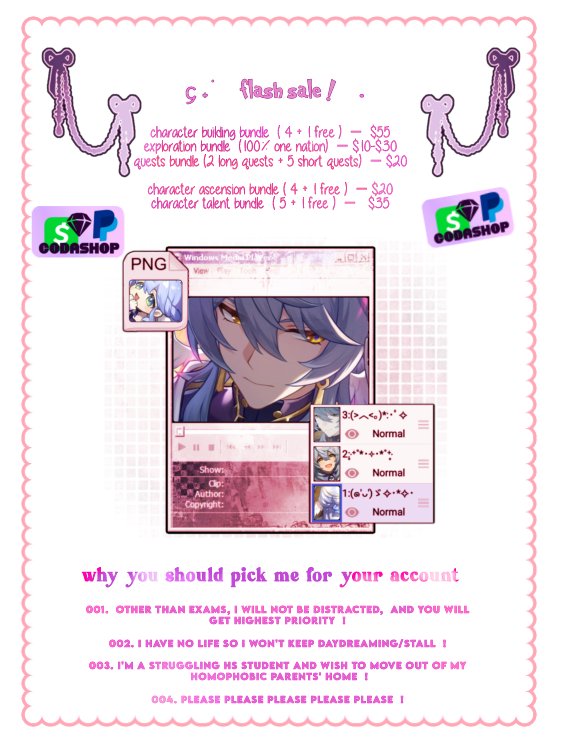 bvnnipilot's tweet photo. ᧔ ˖ ࣪ 🪼  ࣪ ⤹  𝐆𝐄𝐍𝐒𝐇𝐈𝐍 / 𝐇𝐒𝐑 𝐒𝐀𝐋𝐄  。avail    it   through   dms   or   comment   under   this   post !  emergency   sale   because   i   can't   afford   groceries  · .˚ ༘     #genshinpilot #genshintwt https://t.co/9VMASRTGq2
