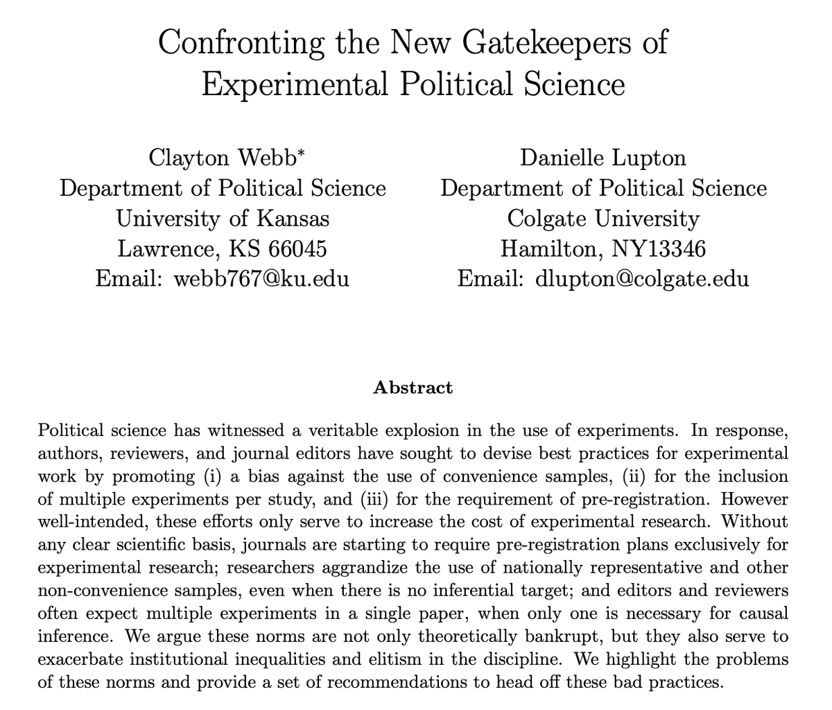 Here's a provocative new paper

"Confronting the New Gatekeepers of Experimental Political Science"

doi.org/10.33774/apsa-…