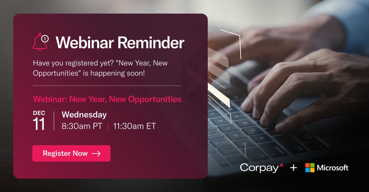 1 week to go! Join us on Dec 11 for our partner-only webinar and discover exclusive Corpay benefits for Microsoft Dynamics partners. 

Topics include:

✅ Co-branded marketing resources
✅ Team training opportunities
✅ Partner agreement updates

Register: corpayspendmanagement.wistia.com/live/events/xq…