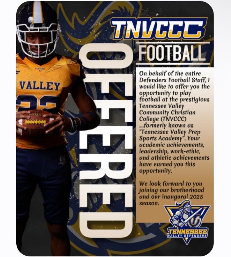 Blessed to receive my 9th offer from Tennessee Valley 🗡️🗡️

<a href="/iBen_OnIt/">Coach TB</a> 

<a href="/whhscougarsFB/">Coach Moilan</a> <a href="/DMaehs/">daniel maehs</a> <a href="/CoachCaballero_/">Nathanyl</a> <a href="/CoachJCReid/">Coach Reid, M. Ed.</a> 
<a href="/CoachClark97/">Craig Clark</a> <a href="/Marq3G/">MarqFoster</a>