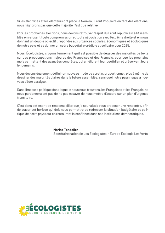 marinetondelier's tweet photo. 🟢 « Dans l’impasse dans laquelle nous nous trouvons, les Françaises et les Français ne nous pardonneraient pas de ne pas nous mettre d’accord sur un plan d’urgence transitoire. »

Le courrier que je viens d’envoyer aux chefs de parti qui ont fait le front républicain cet été ⬇ https://t.co/c4hkBcFS74