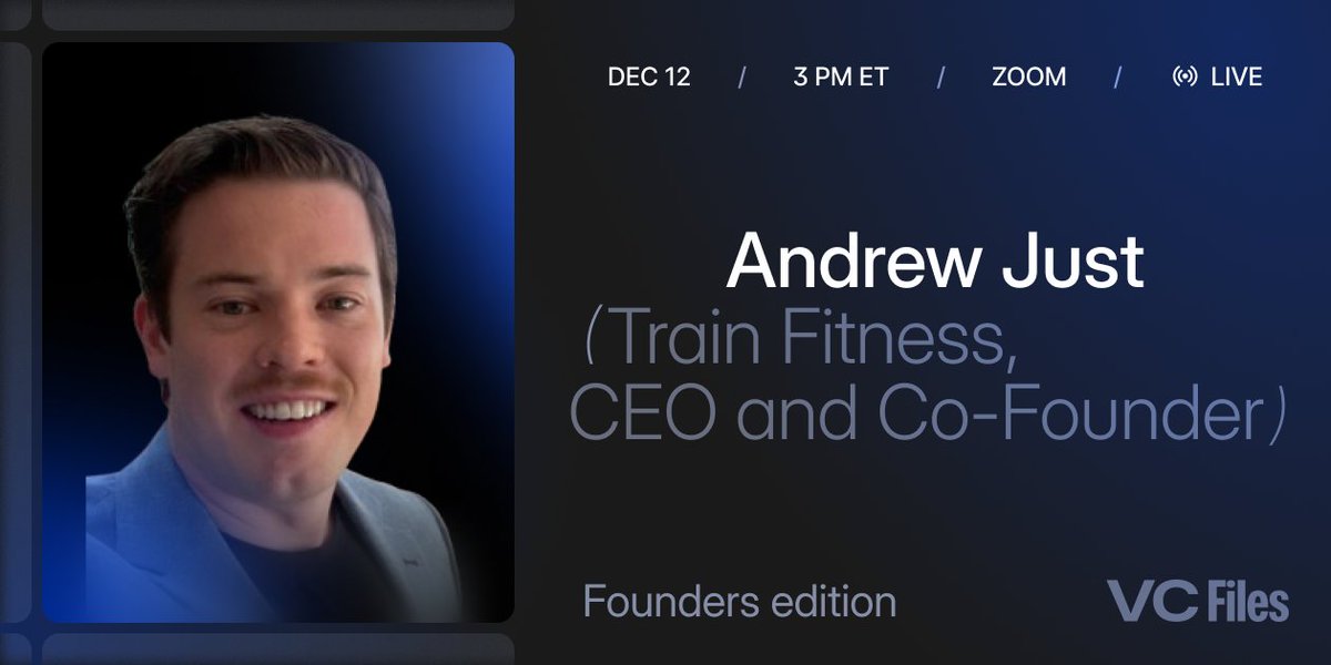 Fitness trackers can tell you ran 5 miles, but can't count your pushups.

Why?

The $9.2B fitness app market still hasn't cracked the code on strength training — until now.

Meet <a href="/andrew_justy/">Andrew Just</a>, founder of <a href="/TrainFitnessAI/">Train Fitness</a>, aka our next VC Files guest 📁

RSVP↴