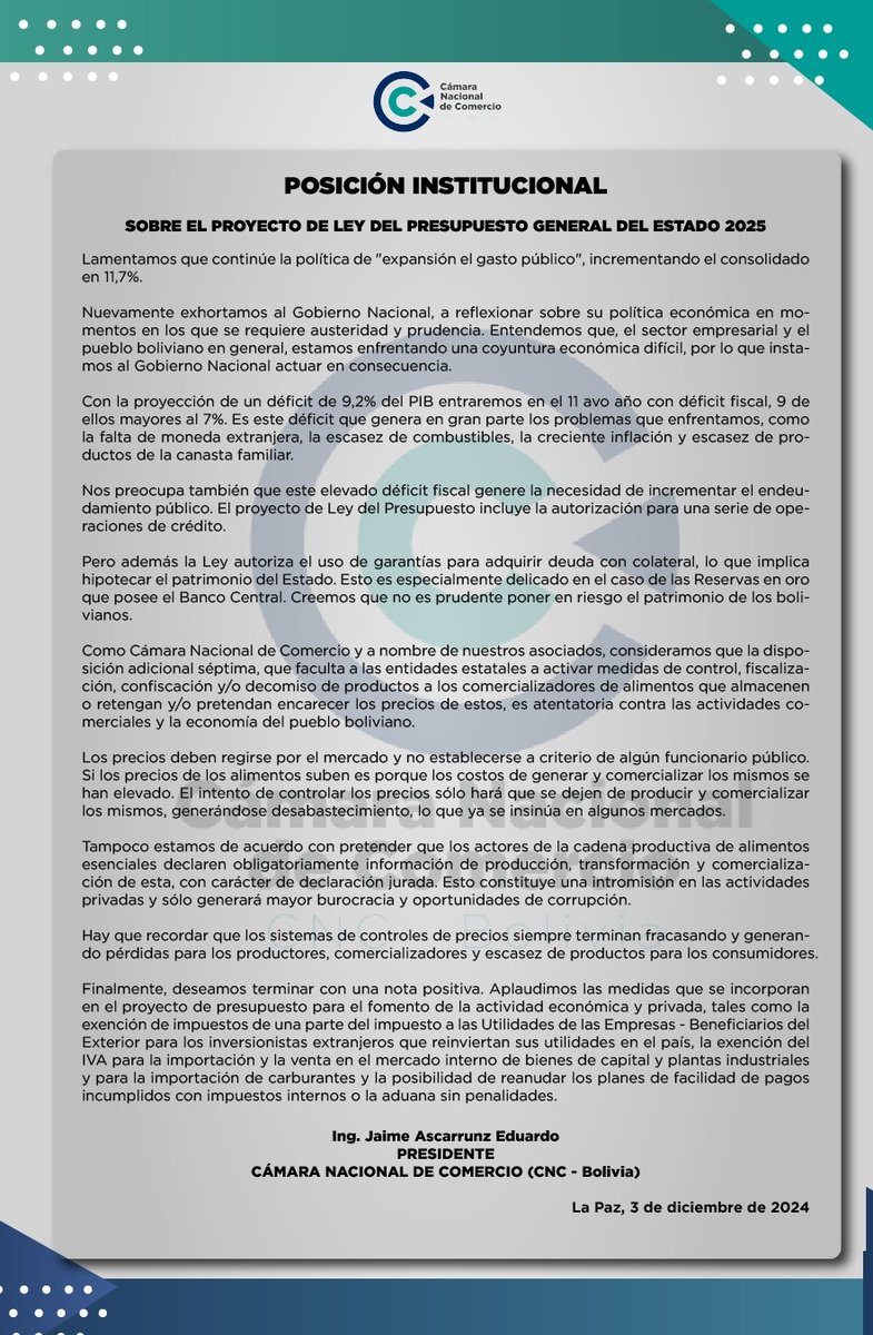Posición Institucional de la Cámara Nacional de Comercio sobre el Proyecto de Ley del Presupuesto General del Estado 2025 #CNCBolivia #Economia #Presupuesto2025