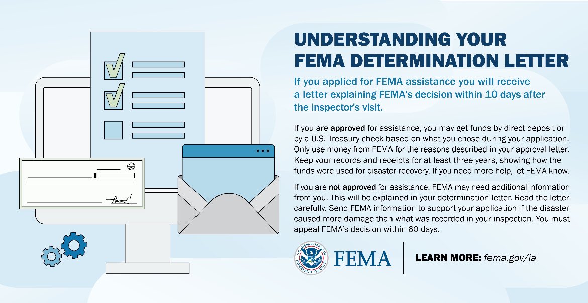 FEMARegion6's tweet image. 📨#NM — After applying for assistance, you will receive a decision letter. Read your decision letter carefully for next steps or visit: disasterassistance.gov/help/faqs

Don't be discouraged if your assistance was denied, more details may be needed!

More info: fema.gov/press-release/…