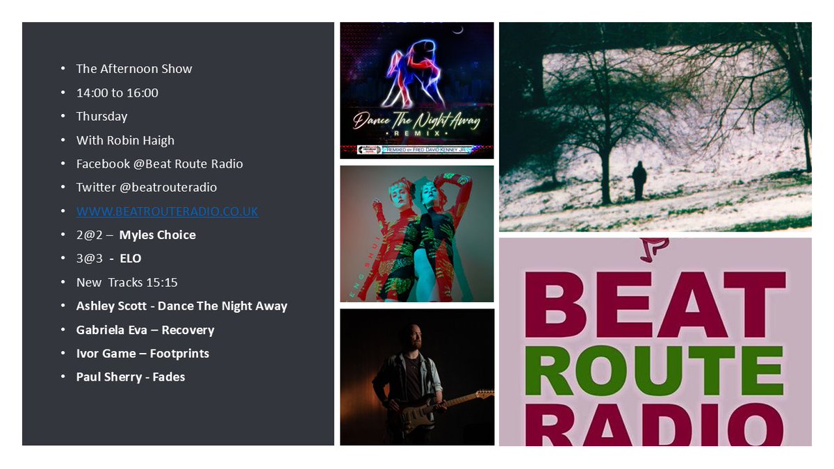 robinhaigh's tweet photo. Please Join me Thursday Afternoon's 2pm to 4 pm
https://t.co/PNYqYnJrhB
5 th December 14:00 to 16:00
Send your music requests in ..
Email - Studio@beatrouteradio.co.uk
Text – 07895 669929
2@2 – Myles Choice
3@3 – ELO
New Music 15:15 https://t.co/LMME9G4uvT