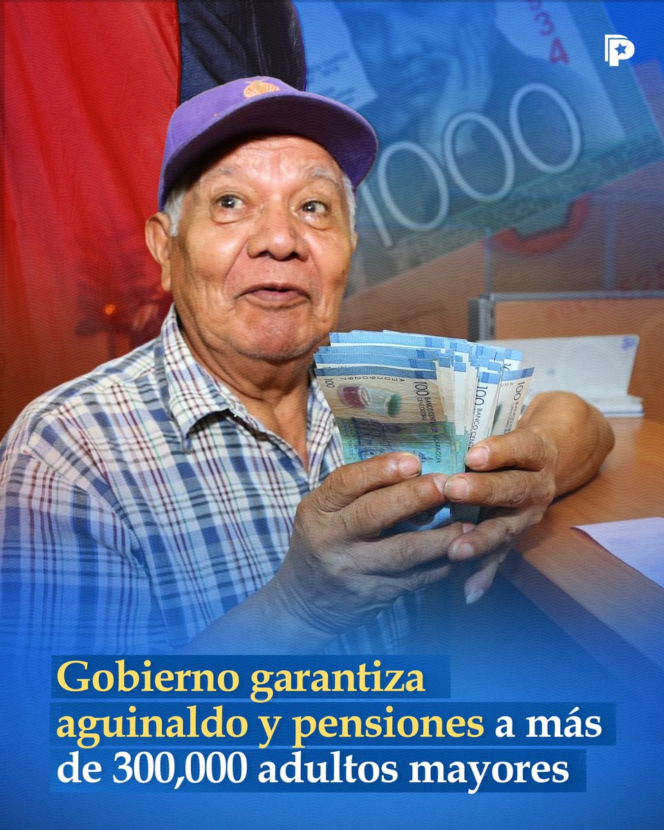 🎁🙌 El Gobierno de #Nicaragua, comprometido con el bienestar de su pueblo, garantiza la entrega de pensiones y aguinaldos a más de 300,000 adultos mayores, asegurando un cierre de año lleno de tranquilidad y esperanza. 💙👵👴