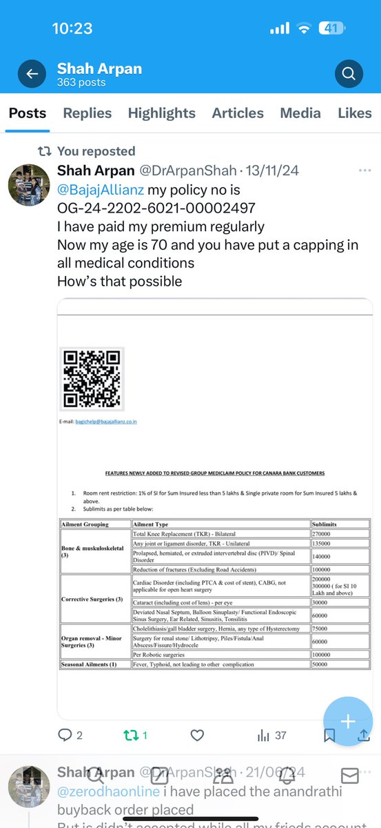 @BajajAllianz <a href="/Bajaj_Finserv/">Bajaj_Finserv</a> 
Its 21 days since i have raised my concern regarding the capping im my running policy after 70 years of age.
Kindly give update
My policy no is OG-24-2202-6021-00002497