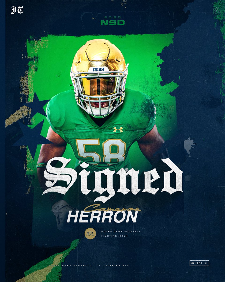 𝐎𝐟𝐟𝐢𝐜𝐢𝐚𝐥𝐥𝐲 𝐈𝐫𝐢𝐬𝐡 ☘️

4🌟 IOL Cameron Herron (388 Natl. 24 Pos.) has officially signed with Notre Dame 

Herron, a 6-3 275’ blocker out of Indianapolis, Indiana has been committed to Notre Dame since October 14th, 2024.