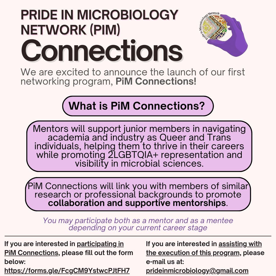 prideinmicro's tweet image. Introducing PiM Connections, a mentorship program by the Pride in Microbiology Network! 🌈 🔬
We will connect members based on career & scientific interests to support the next gen of queer & trans scientists. Register to be a mentor or mentee (or both!): forms.gle/FcgCM9YstwcPJt…