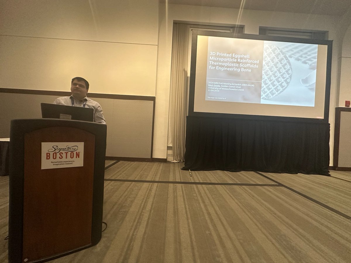 GCUlab's tweet photo. 🌟 Mert Gezek rocked the stage at #F24MRS, presenting "3D Printed Eggshell Microparticle Reinforced Thermoplastic Scaffolds for Engineering Bone" 🦴

Grateful to the engaged audience and inspiring discussions. Excited to see what’s next for this innovative research! 🥚💡📸 https://t.co/DpT1mS8buH