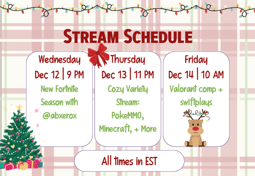 nimcodon's tweet photo. This week's stream schedule at https://t.co/qucVx7iRiI !
it IS officially christmas szn and you'll never convince me otherwise

#twitch #streamer #VALORANT #Fortnite https://t.co/8Ew4SDVc6M