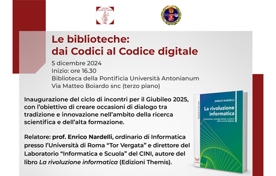 Inauguriamo questo ciclo di eventi presso la Biblioteca della Pontificia Università Antonianum per un dialogo tra tradizione e innovazione digitale. Ospite il prof <a href="/enriconardelli/">Enrico Nardelli</a> che parlerà della rivoluzione #informatica del suo libro pubblicato da <a href="/EdizioniThemis/">Edizioni Themis</a>