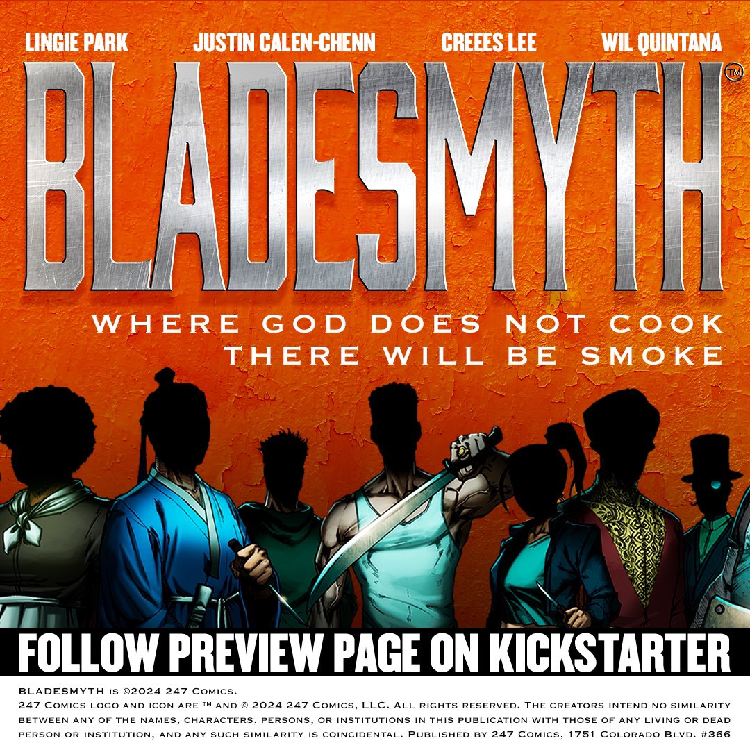247ComicsHQ's tweet photo. We’re excited to announce the launch of the new 247 Comics Kickstarter campaign!💥

Discover an original comic book series from Creees, Justin Calen-Chenn, Lingie Park & Wil Quintana. Asian American creator team unlocking Action and Appetite!

#247Comics #Bladesmyth  #kickstartercampaign