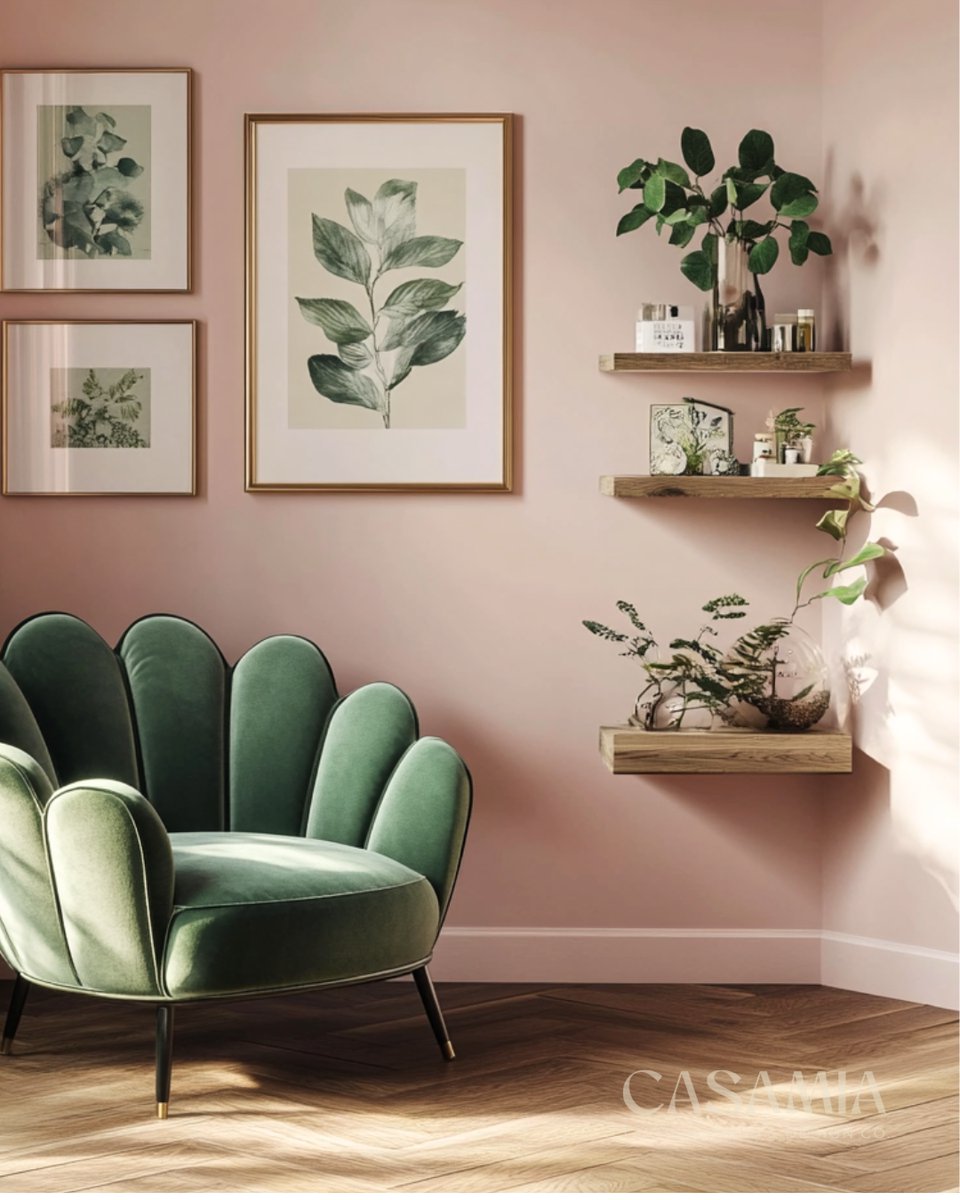 CasamiaBuild's tweet photo. Turn your dressing room into a Wicked-inspired stage with blush &amp; emerald tones! 💚💗 Picture an emerald velvet chair for Elphaba vibes, paired with blush accents. Perfect for fans or unique space lovers! How would you use these hues? ✨ #Wickedmovie #interiordesign https://t.co/jYQn6SYErp