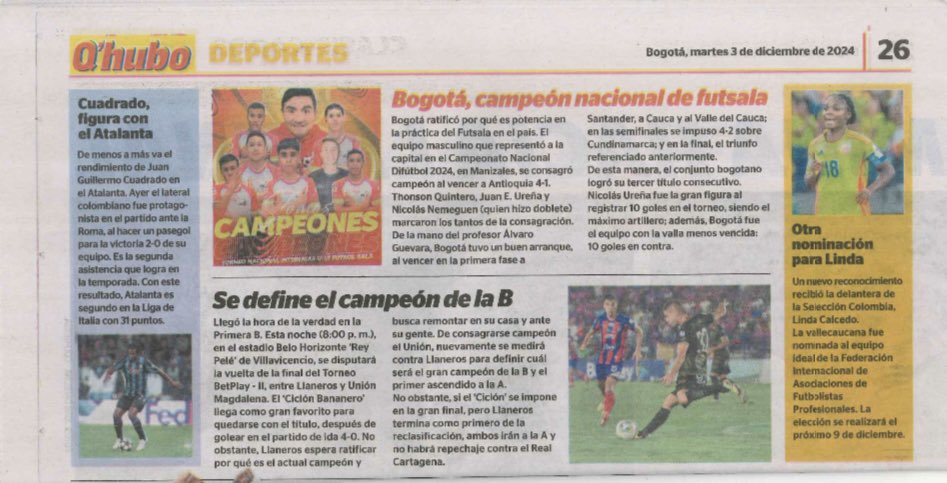 El periódico Q Hubo con la selección Bogotá campeona del torneo nacional Interligas Difútbol de Futsal sub 17 masculino. 👏🏼🏆🥇 

#𝓑𝓸𝓰𝓸𝓽á𝓢𝓸𝓶𝓸𝓼𝓣𝓸𝓭𝓸𝓼 💛❤️