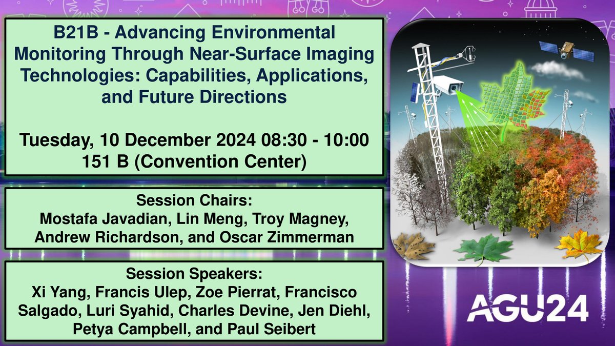 🌿📷🌡️ Calling all #NearSurfaceRemoteSensing enthusiasts at #AGU24!
Join us for the session "B21B – Advancing Environmental Monitoring through Near-Surface Imaging Technologies"
📅 Tuesday
⏰ 8:30–10:00 AM
📍 Room 151B