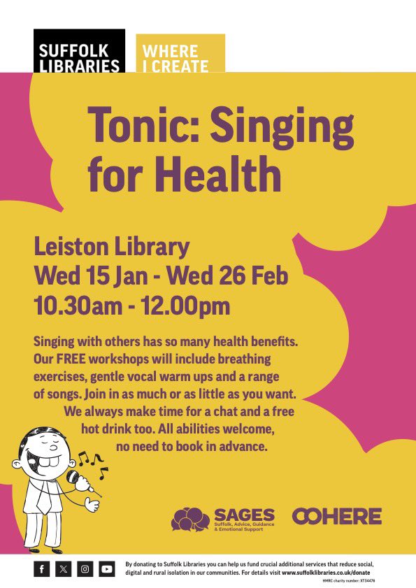 New for 2025! Live in #Leiston? Start the new year with a song with our new Tonic: Singing for Health series at Leiston Library. All welcome 🤗 
In partnership with @SuffolkLibrary