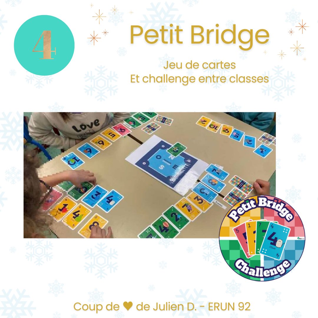 ✨PÉPITE 5 – Petit Bridge✨

Le petit bridge, vous connaissez? 
Ce jeu de cartes s'adapte pour l'école 🔴🔵🟡🟢

C’est la pépite dénichée pour vous par Julien, #ERUN92 à <a href="/educatechexpo/">Educatech Expo</a>

<a href="/SCOllectif_asso/">SCOllectif 🐘</a> propose même un mode défi entre classes🤩

🔗acver.fr/pepites2024
Case 4️⃣
