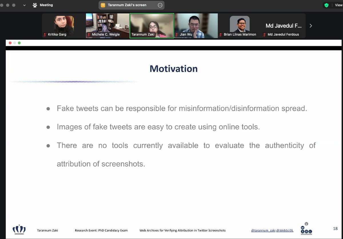 Kritika garg (@kritika_garg) on Twitter photo Exciting work by <a href="/tarannum_zaki/">Tarannum Zaki</a> presented in her candidacy exam: "Web Archives for Verifying Attribution in Twitter Screenshots." An innovative approach to authenticate tweet screenshots, tackling misinformation on social media.
<a href="/WebSciDL/">WS-DL Group, ODU CS</a> <a href="/oducs/">ODU Computer Science</a> <a href="/weiglemc/">Michele Weigle</a> <a href="/phonedude_mln/">Michael L. Nelson</a> Exciting work by <a href="/tarannum_zaki/">Tarannum Zaki</a> presented in her candidacy exam: "Web Archives for Verifying Attribution in Twitter Screenshots." An innovative approach to authenticate tweet screenshots, tackling misinformation on social media.
<a href="/WebSciDL/">WS-DL Group, ODU CS</a> <a href="/oducs/">ODU Computer Science</a> <a href="/weiglemc/">Michele Weigle</a> <a href="/phonedude_mln/">Michael L. Nelson</a>
