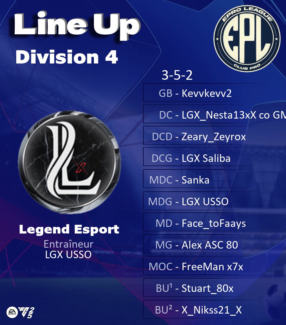 Notre 11 est prêt pour notre entrée en <a href="/EProLeague11v11/">EPro League</a> ce soir ⚡️

Here we go Legends 👁️