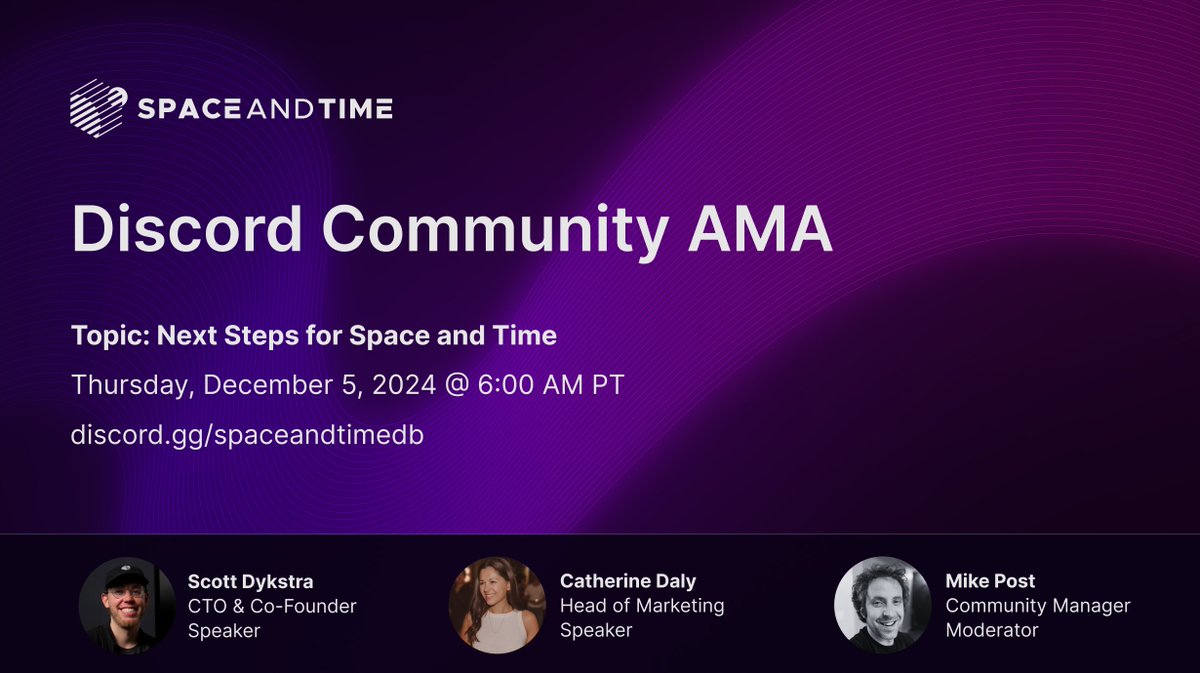 Tomorrow: Community AMA on the SXT Discord ⭐️

Come hang out with <a href="/chiefbuidl/">Scott Dykstra</a> and @_catdaly as they answer all your questions about SXT's product roadmap, community, testnet, and what we have cookin' for 2025 🍳

Details: discord.gg/spaceandtimedb