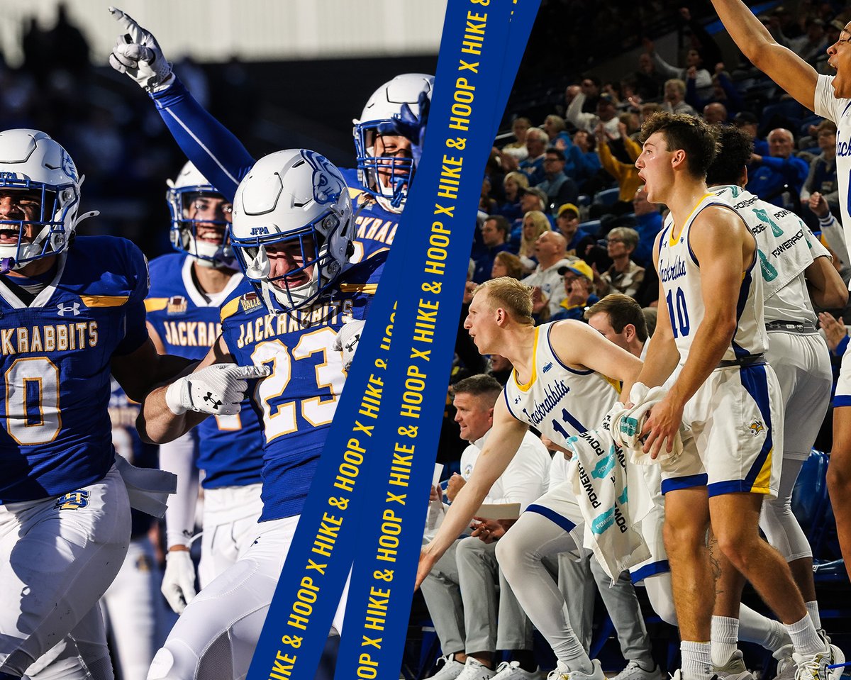 GoJacksSDSU's tweet photo. Saturday is Hike &amp; Hoop! 🙌 

🏈 » vs Montana at 1pm 
🏀 » vs Eastern Washington at 6pm

Fans will receive $10 admission to the @GoJacksMBB game with their 12/7 @GoJacksFB ticket! Please use the SE entrance of FB&amp;TA.

#GoJacks 🐰 https://t.co/YhSMI9AFIB