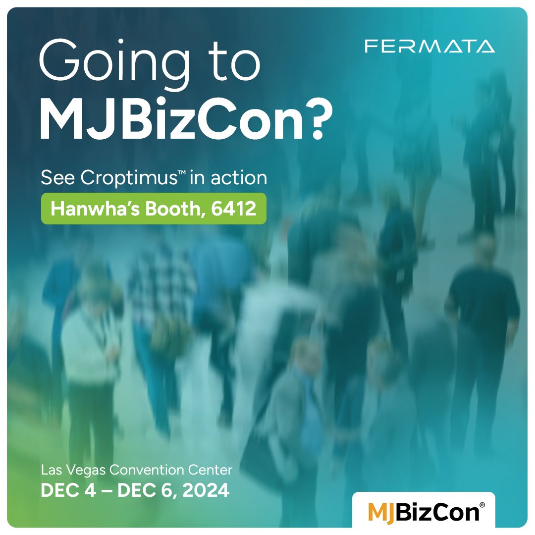 FermataTech's tweet image. Come see what Croptimus™ can do for *your* grow at MJBizCon! We are located in our partner&apos;s booth, Hanwha Vision, number 6412. Not going to be attending MJBizCon? Check out how Croptimus™ saves growers both time and money while increasing crop quality: hubs.li/Q02-p2B50!