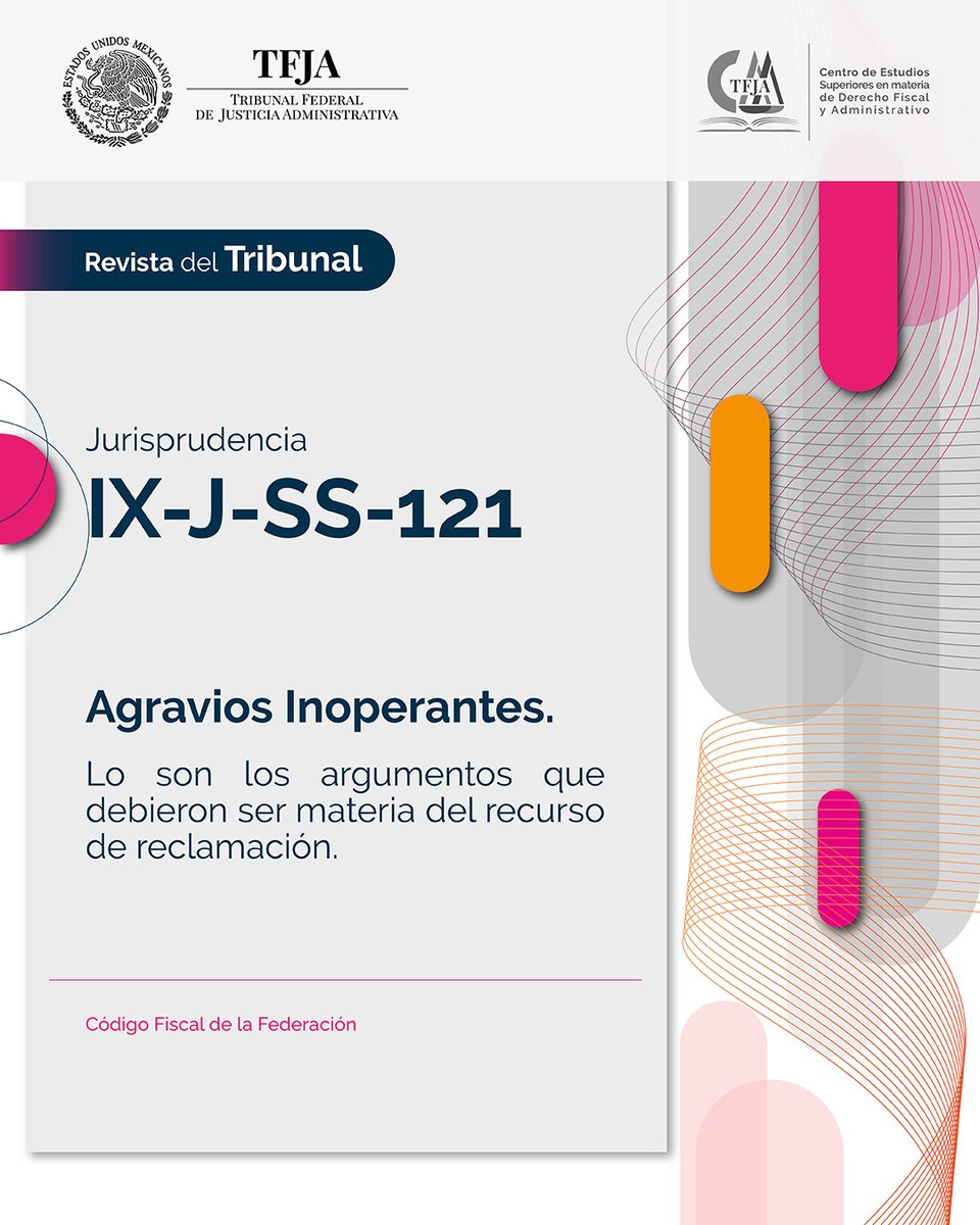 ⚖️Jurisprudencia IX-J-SS-121⚖️
Sabías que:
Cuando la parte actora solicita que no debió admitirse la contestación a la demanda o a su ampliación, esos argumentos se consideran inoperantes
#TFJA
#JurisprudenciaTFJA
#CFF
#agraviosinoperantes
#Ampliación 
#demanda