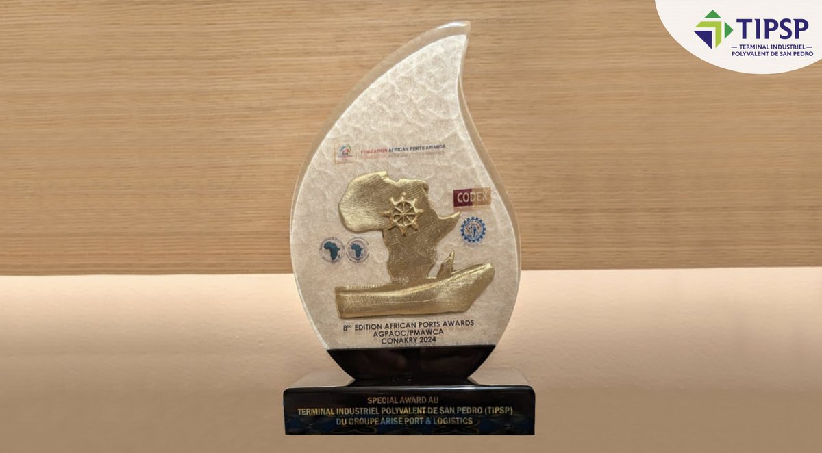 🎉 Félicitations à TIPSP, filiale d'ARISE P&amp;L !
Il a reçu un Prix Spécial lors des African Ports Awards 2024 à Conakry ! 🌍🚢
Cette distinction souligne l'excellence de ses services et le rôle clé du Port de San Pedro comme hub #logistique majeur d'Afrique de l'Ouest. 
#APA2024