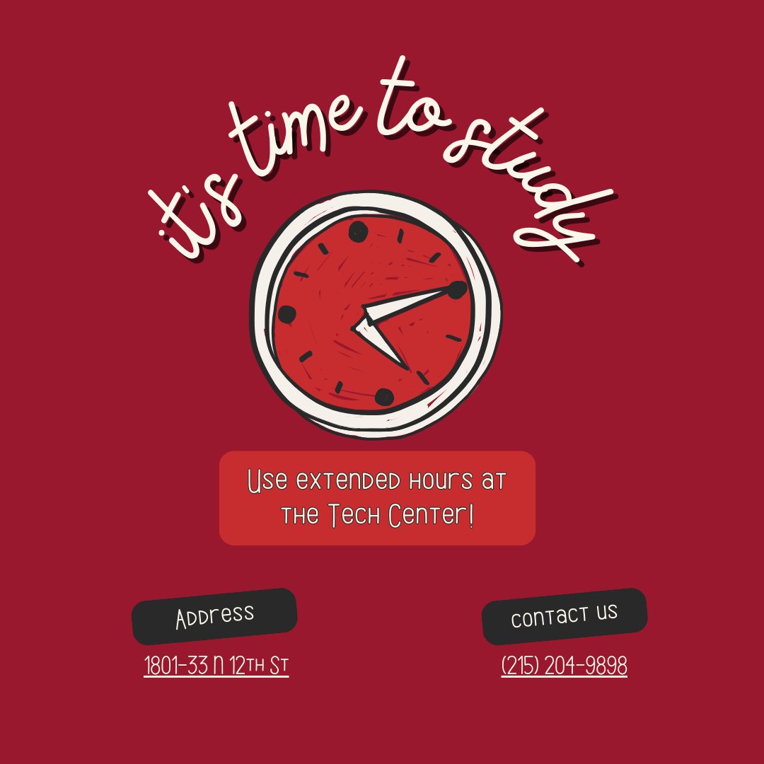 TempleTech's tweet photo. Get ready for finals with extended hours at the Tech Center! Happy studying📚💻 #TempleTech #Study #Finals #TempleUniversity https://t.co/Zokghzem45