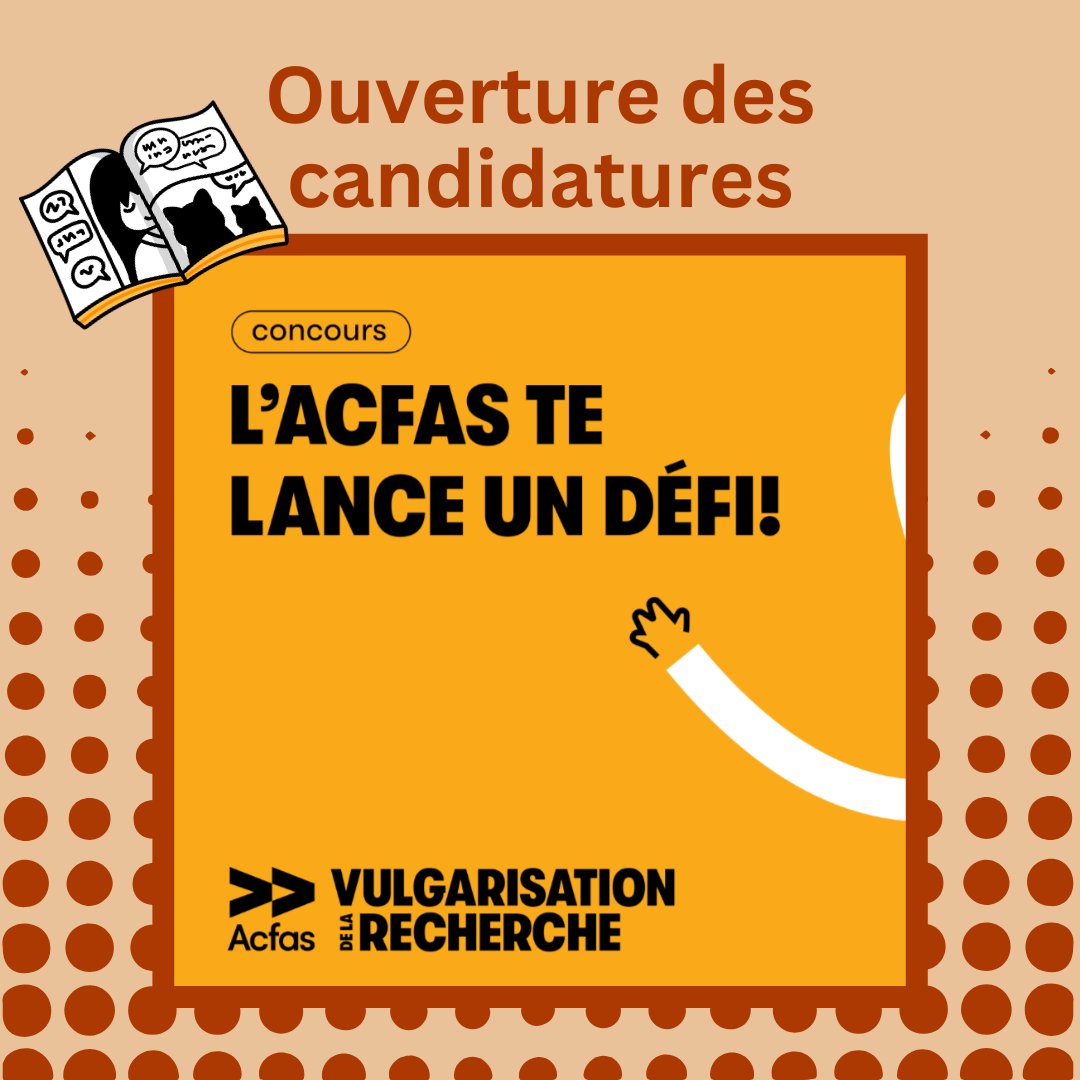 L’acfas lance la 32e édition du concours de vulgarisation de la recherche! Transforme ton projet de recherche en vidéo, bande dessinée, balado, ou texte vulgarisé et relève le défi. 🏆

acfas.ca/prix-concours/…